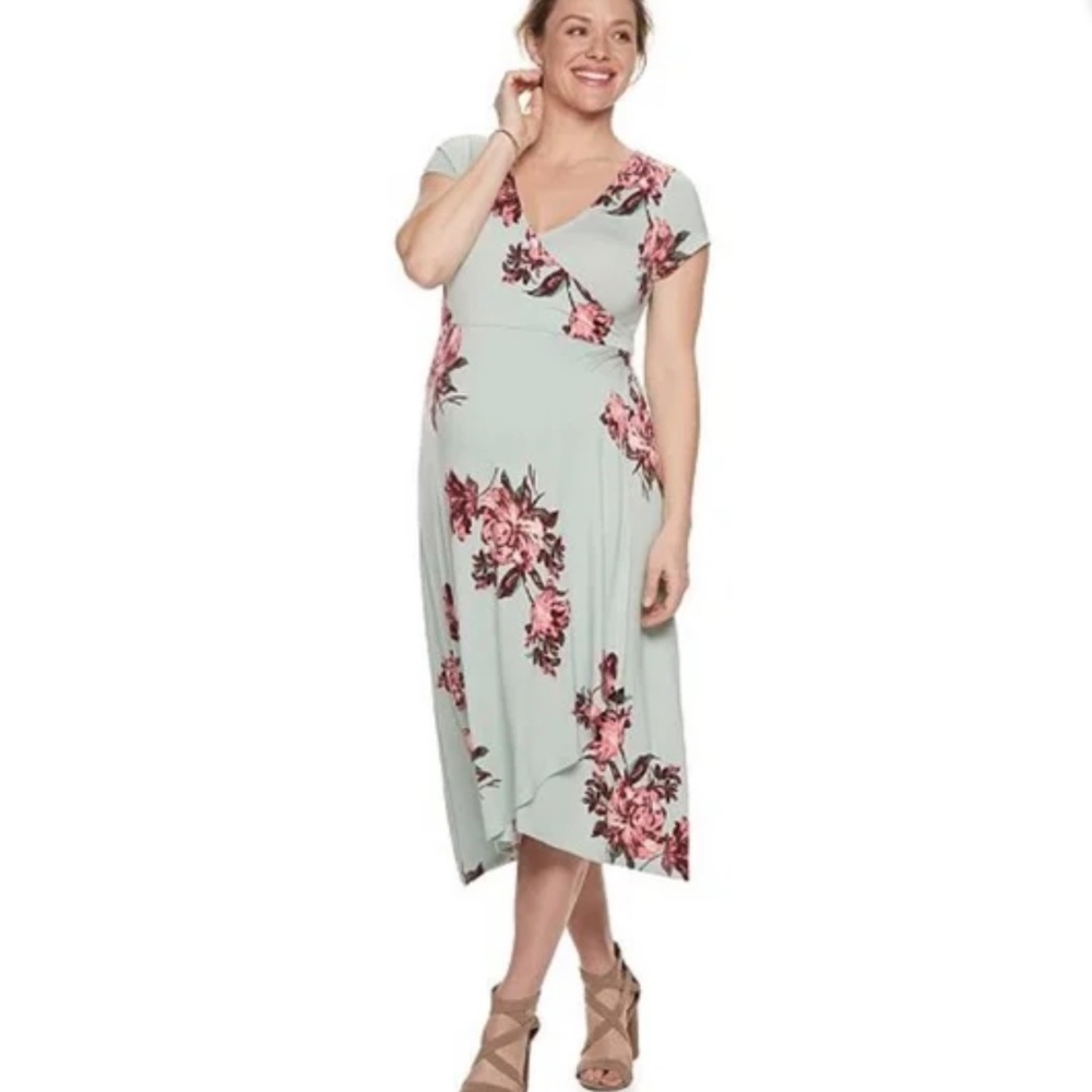 A:glow maternity breastfeeding wrap dress short sleeve midi - blue floral .